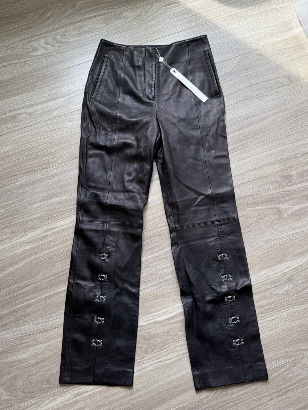 NWT Jonathan Simkhai Women’s 100% Lamb Leather Black Pants Metal Details Sz 2